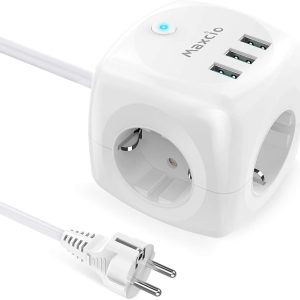 USB Socket Cube, Maxcio Multiple Socket Cube 3 Compartments with 3 USB (5 V/2.4 A Max.), Power Strip Socket (2200 W/10 A) with Switch for Travel Office, Extension Cable 1.5 m, White