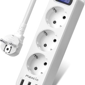 Maxcio 3-Way Power Strip (16 A 4000 W) with 3 USB Ports (5 V 2.4 A), Maxcio Multiple Socket Power Distribution Wall Mounted with Surge Protection, 1.5 m Cable Socket Extension Cabl