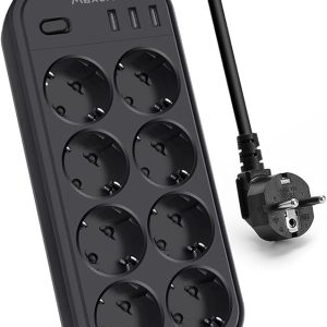 Power Strip 8-Way (16 A / 4000 W) with 3 USB (3.1 A / 5 V), Maxcio 11 in 1 Multiple Socket Surge Protection with Switch, Wall Mounting, 2 m Cable Socket Distributor for Office and