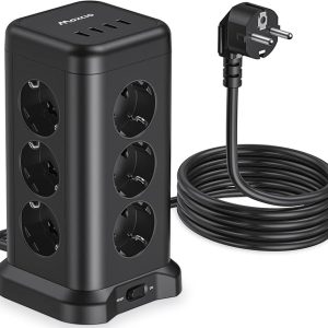 Power Strip Tower 12 Compartments (4000 W/16 A), Maxcio USB Multiple Socket Tower Surge Protection with 4 USB (5 V/2.4 A Max.), Socket Tower Distribution Socket for Office, 2 m Cab